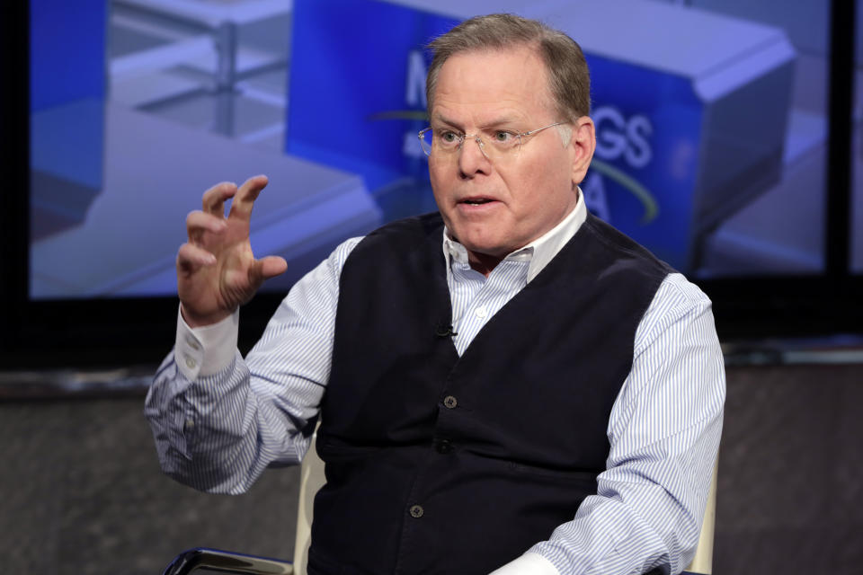 Discovery Communications CEO David Zaslav is interviewed by host Maria Bartiromo on the "Mornings with Maria" program on the Fox Business Network, in New York, Tuesday, March 13, 2018. (AP Photo/Richard Drew)