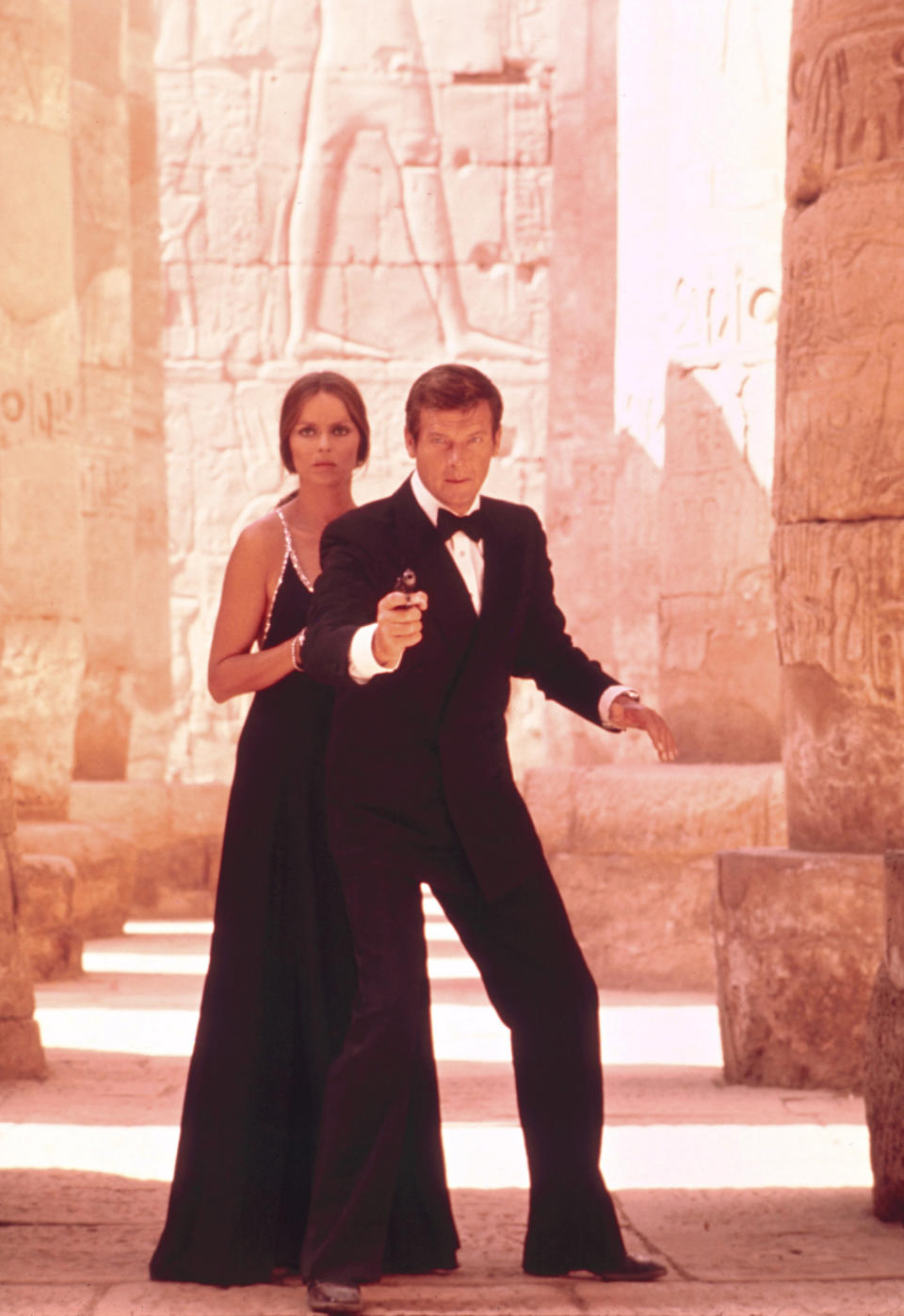 This undated publicity photo provided by United Artists and Danjaq, LLC shows Roger Moore, right, as James Bond, and Barbara Bach as Major Anya Amasova, in the 1977 film, "The Spy Who Loved Me." Moore, played Bond in seven films, more than any other actor. The film is included in the MGM and 20th Century Fox Home Entertainment Blu-Ray "Bond 50" anniversary set. (AP Photo/United Artists and Danjaq, LLC)