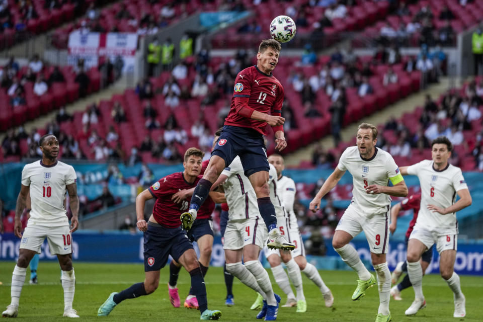 Czech Republic's Lukas Masopust heads the ball during the Euro 2020 soccer championship group D match between Czech Republic and England at Wembley stadium in London, Tuesday, June 22, 2021. (AP Photo/Frank Augstein, Pool)