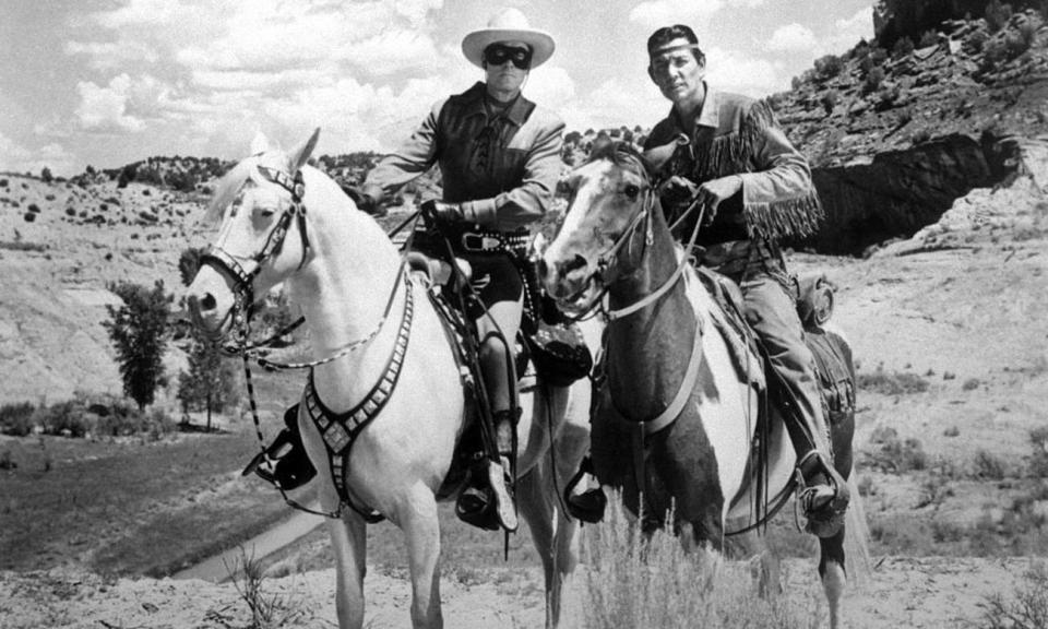 Clayton Moore (left) and Jay Silverheels star as The Lone Ranger and Tonto, respectively, in the TV series "The Lone Ranger."