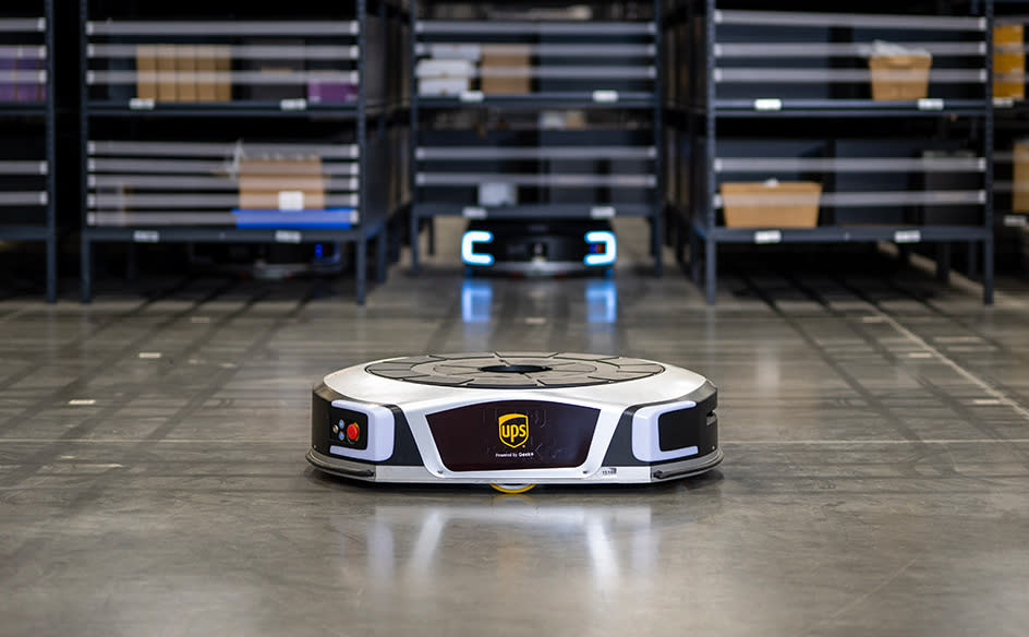 An autonomous guide vehicle (AGV) in a UPS facility.