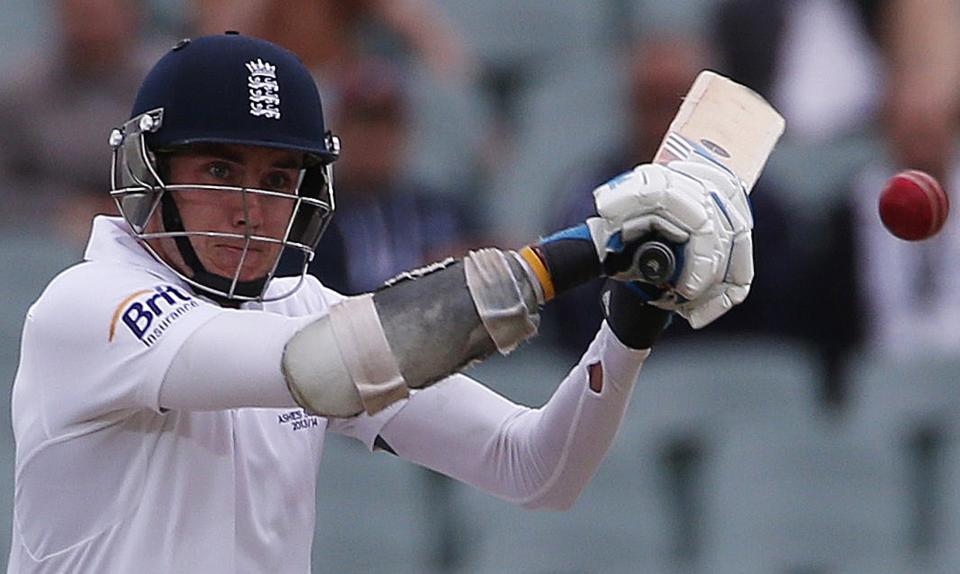 England's Stuart Broad plays a shot for which he was caught out by Australia's Nathan Lyon during the fifth day's play in the second Ashes cricket test at the Adelaide Oval December 9, 2013. REUTERS/David Gray (AUSTRALIA - Tags: SPORT CRICKET)