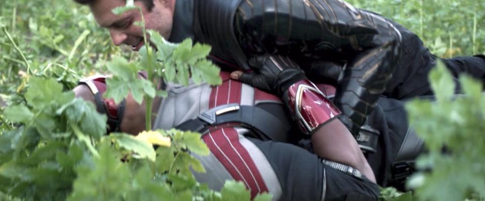 Anthony Mackie as Sam Wilson and Sebastian Stan as Bucky Barnes lying in a field on season one of "The Falcon and the Winter Soldier."