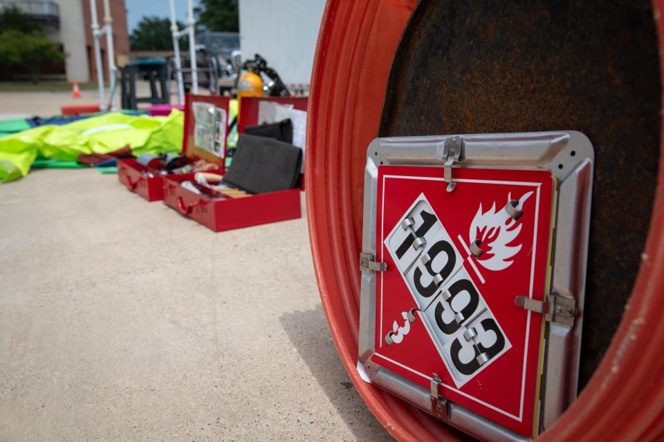 A hazmat display is spread out on a street at Del Mar College Windward Campus on Wednesday, May 15, 2024, in Texas.