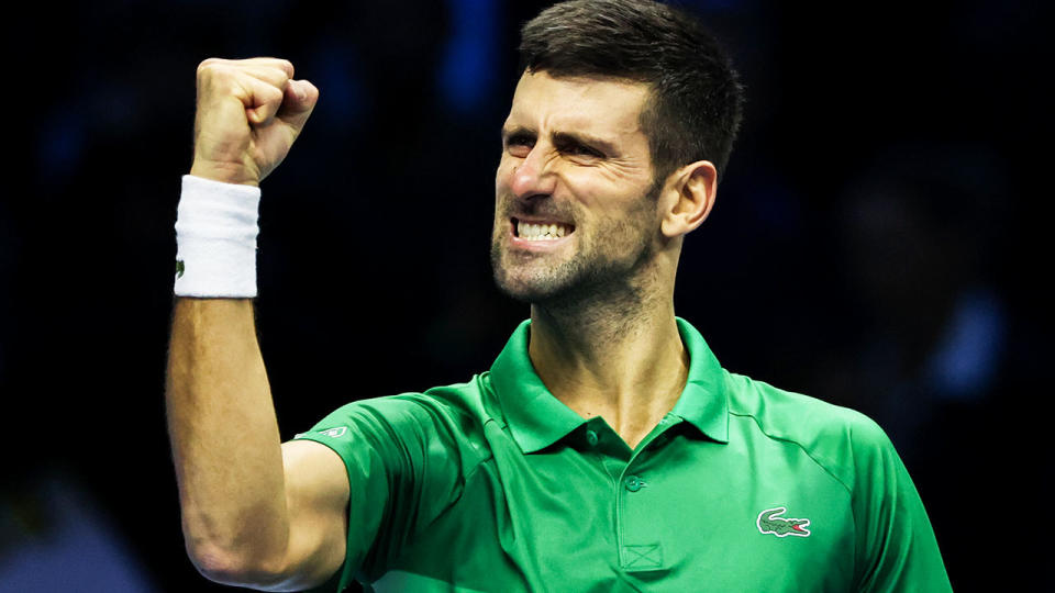 Novak Djokovic pumps his fist on court.