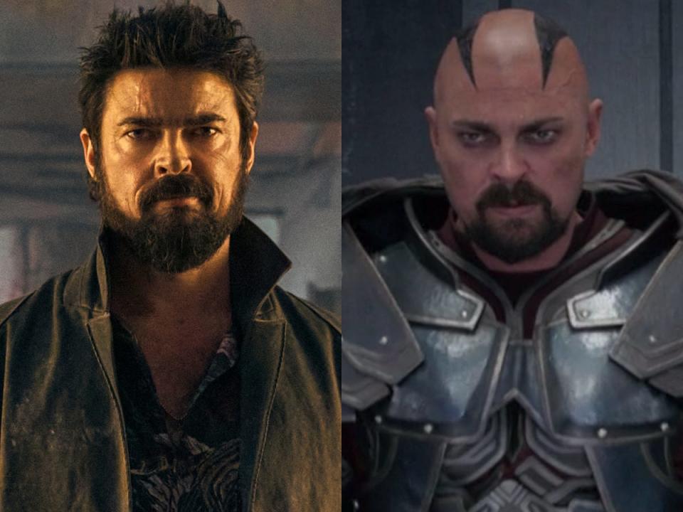 On the left: Karl Urban as Billy Butcher on season three of "The Boys." On the right: Urban as Skurge in "Thor: Ragnarok."