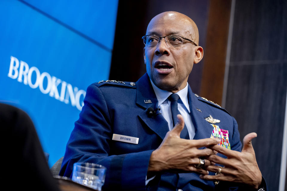 FILE - Air Force Chief of Staff Gen. CQ Brown, Jr. speaks about U.S. defense strategy at the Brookings Institution in Washington, Monday, Feb. 13, 2023. Navy Adm. Christopher Grady, who currently serves as the military’s No. 2 officer as Joint Chiefs vice chairman, will simultaneously have to fill in as chairman starting Oct. 1 with the retirement of Gen. Mark Milley if his replacement, Air Force Gen. C.Q. Brown, can’t get confirmed in the next two weeks. (AP Photo/Andrew Harnik, File)