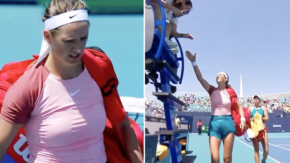 Victoria Azarenka leaves the court after shaking hands with the umpire at the Miami Open.