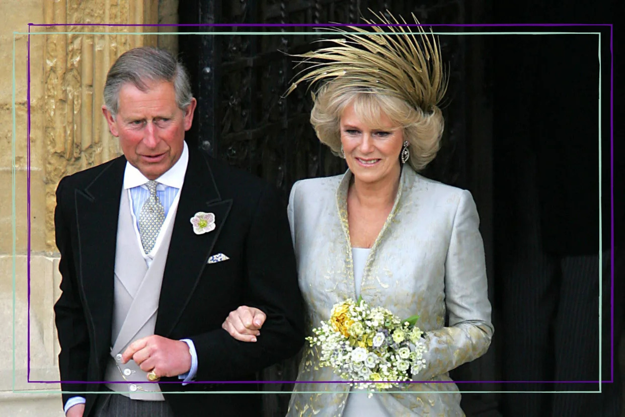  King Charles and Camilla leaving their wedding service. 