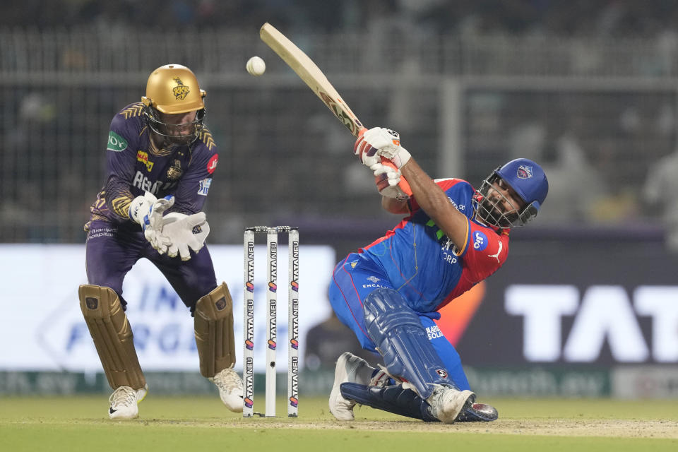 Delhi Capitals' captain Rishabh Pant's plays a shot during the Indian Premier League cricket match between Delhi Capitals and Kolkata Knight Riders in Kolkata, India, Monday, April 29, 2024. (AP Photo/Bikas Das)