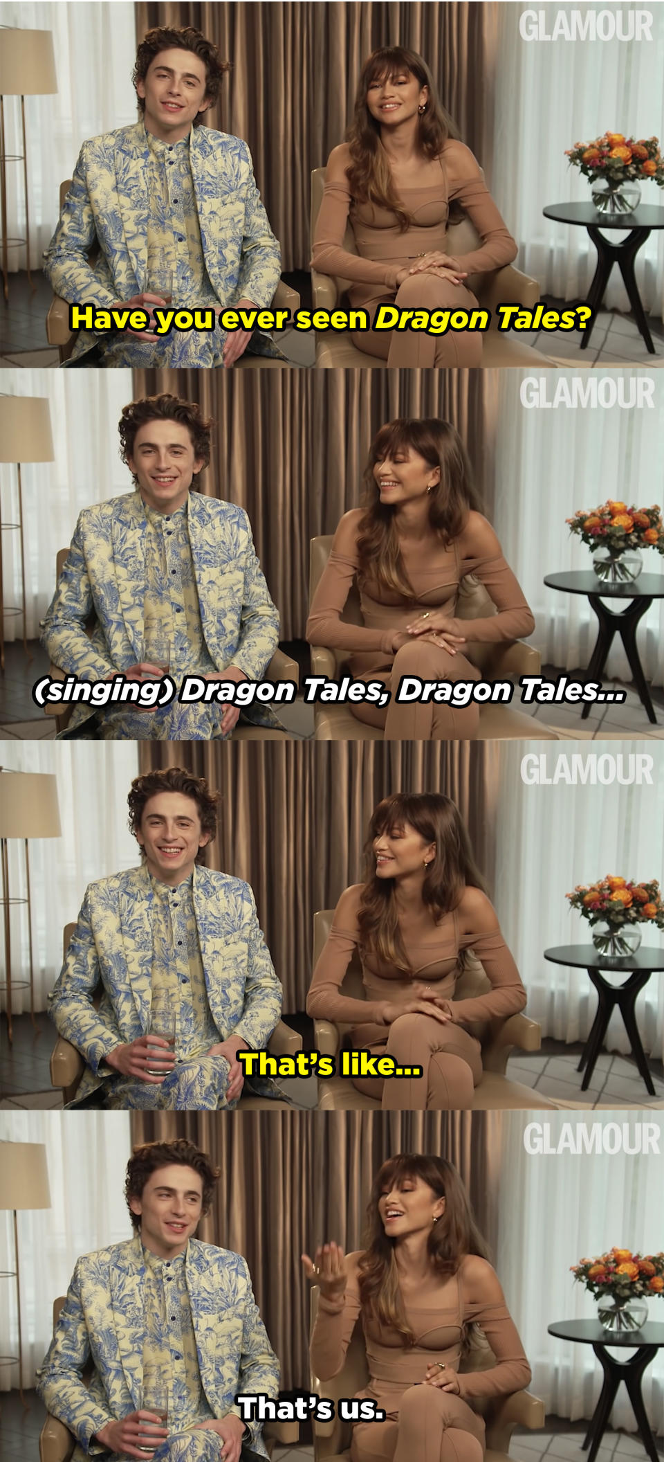 Timmy says "Have you ever seen Dragon Tales" and Zendaya begins to sing the theme song. Then they say, "That's us."