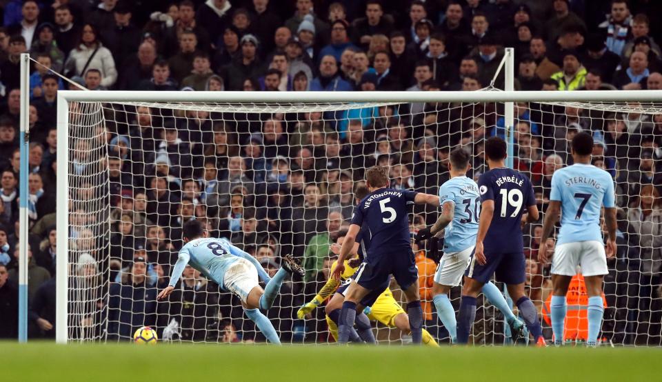 Manchester City’s Ilkay Gundogan scores his side’s first goal of the game