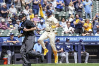 Milwaukee Brewers' Willy Adames makes his way to home plate after hitting a home run during the sixth inning of a baseball game against the Tampa Bay Rays, Wednesday, May 1, 2024, in Milwaukee. (AP Photo/Kenny Yoo)