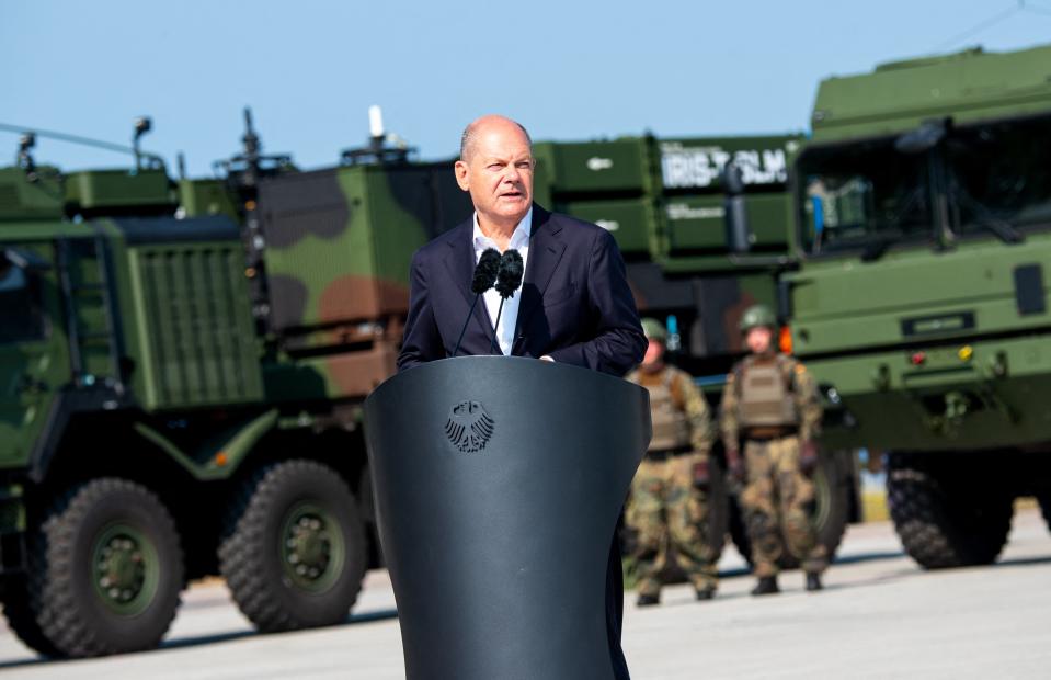 German Chancellor Olaf Scholz speaks during the presentation of Germany's first IRIS-T SLM medium range air defence system at the military base camp in Todendorf, northern Germany (AFP via Getty Images)