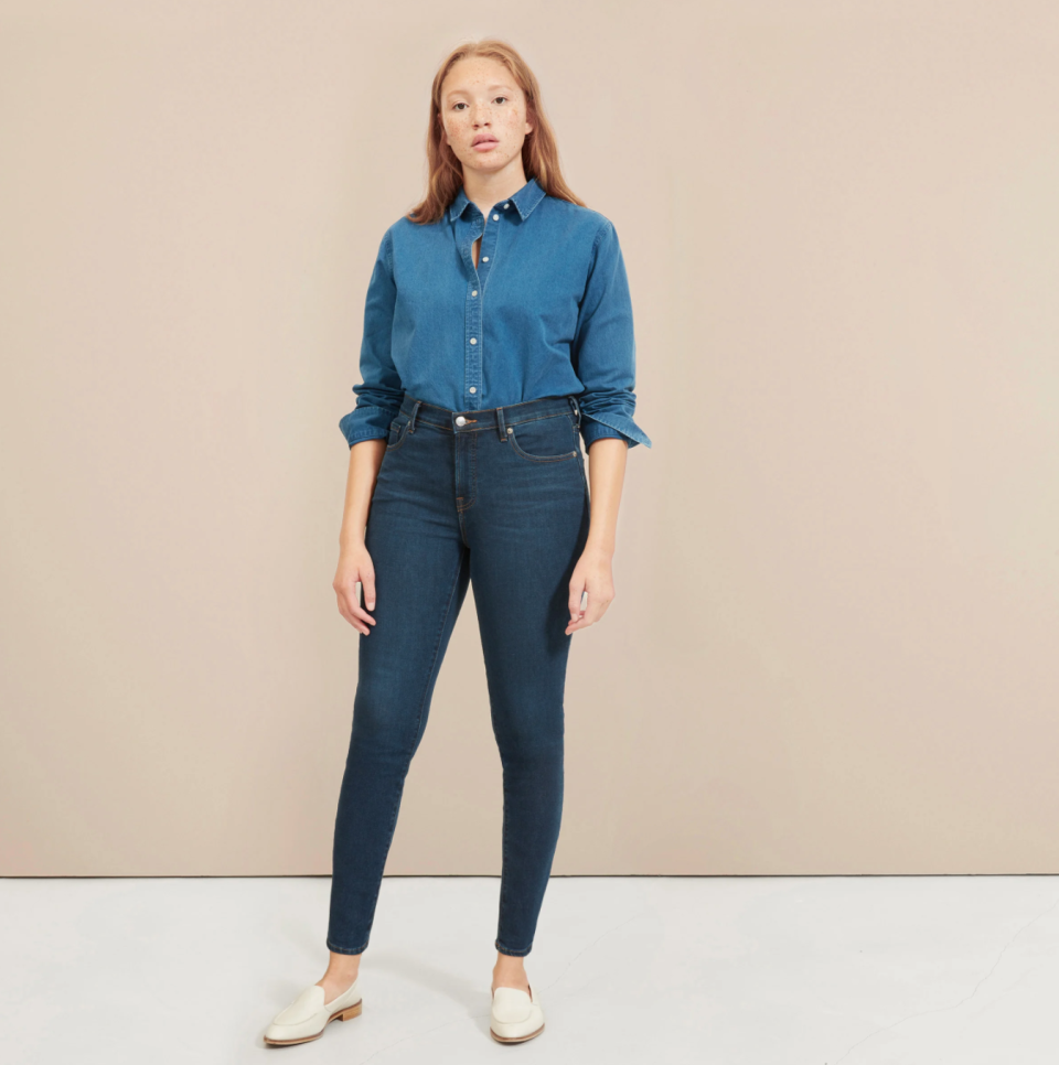 The Authentic Stretch Mid-Rise Skinny in Dark Blue Wash.