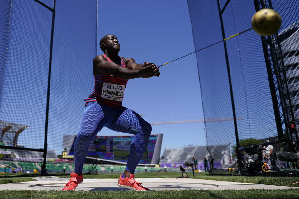 Annette Nneka Echikunwoke, of the United States, competes during qualifying for the women's hammer throw at the World Athletics Championships Friday, July 15, 2022, in Eugene, Ore. (AP Photo/David J. Phillip)