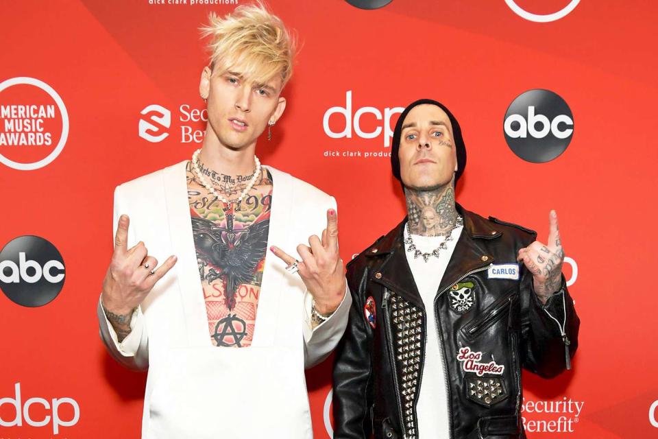 <p>Emma McIntyre/Getty </p> Machine Gun Kelly and Travis Barker photographed in Los Angeles on Nov. 22, 2020