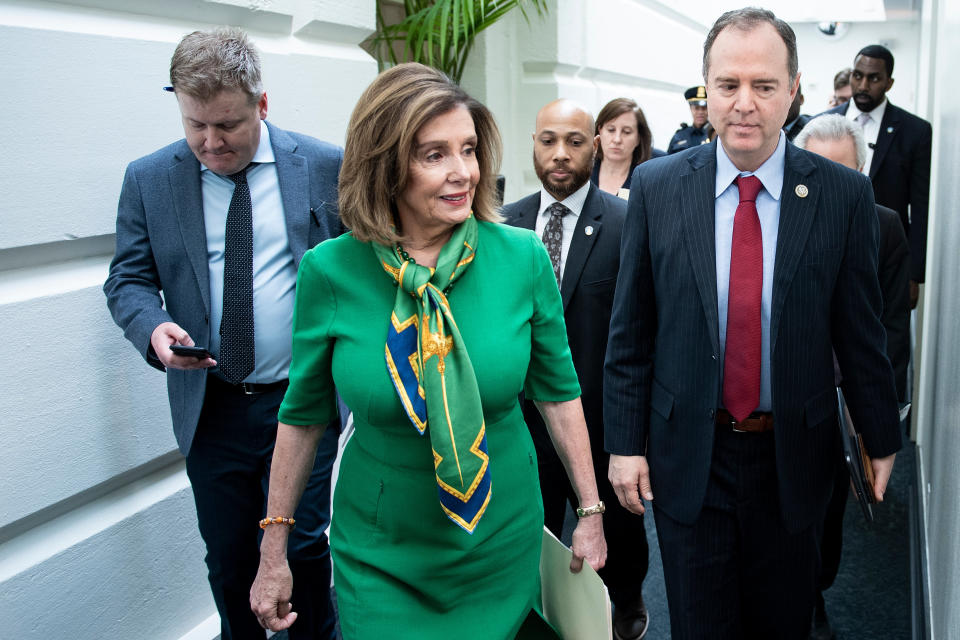 Speaker of the House Nancy Pelosi (D-CA) and House Intelligence Committee Chairman Rep. Adam Schiff (D-CA) leave after a caucus meeting with House Democrats on Capitol Hill January 14, 2020, in Washington, DC. (Photo: Brendan Smialowski AFP via Getty Images)