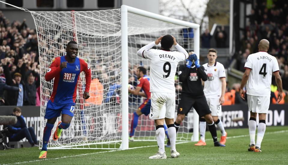 <p>Crystal Palace’s Christian Benteke celebrates after Watford’s Troy Deeney scores an own goal and the first for Crystal Palace </p>