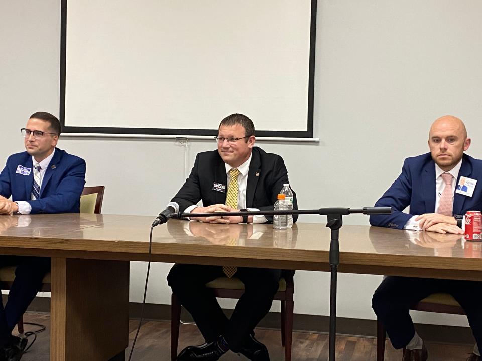 The Savannah Jaycees hosted a Chatham County Recorders Court judge candidate forum. Seated from left to right: Anthony Burton, Richard Sanders, and Joe Huffman.