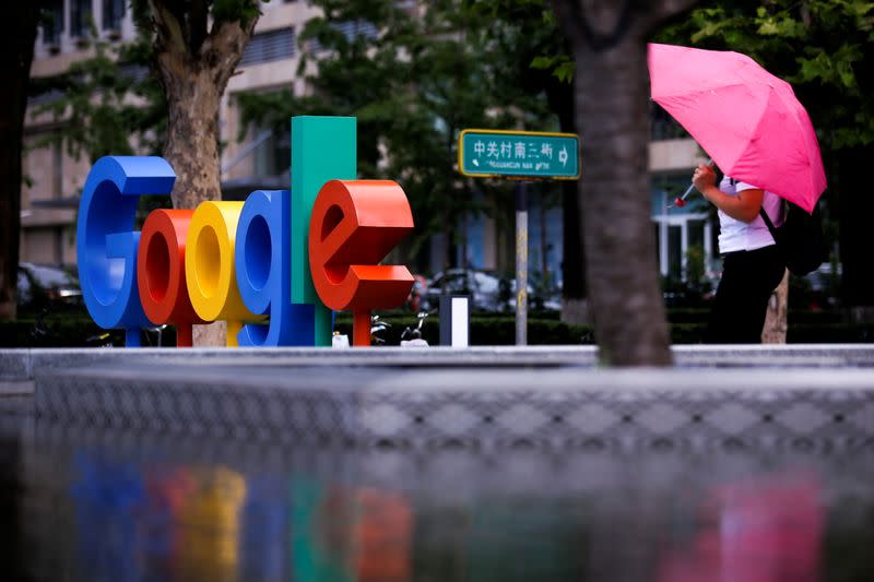 FILE PHOTO: The brand logo of Alphabet Inc's Google is seen outside its office in Beijing