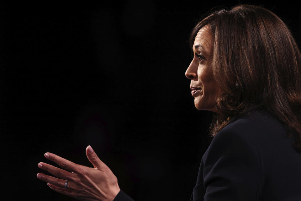 Democratic vice presidential candidate Sen. Kamala Harris, D-Calif., speaks during the vice presidential debate Wednesday, Oct. 7, 2020, at Kingsbury Hall on the campus of the University of Utah in Salt Lake City. (Justin Sullivan/Pool via AP)