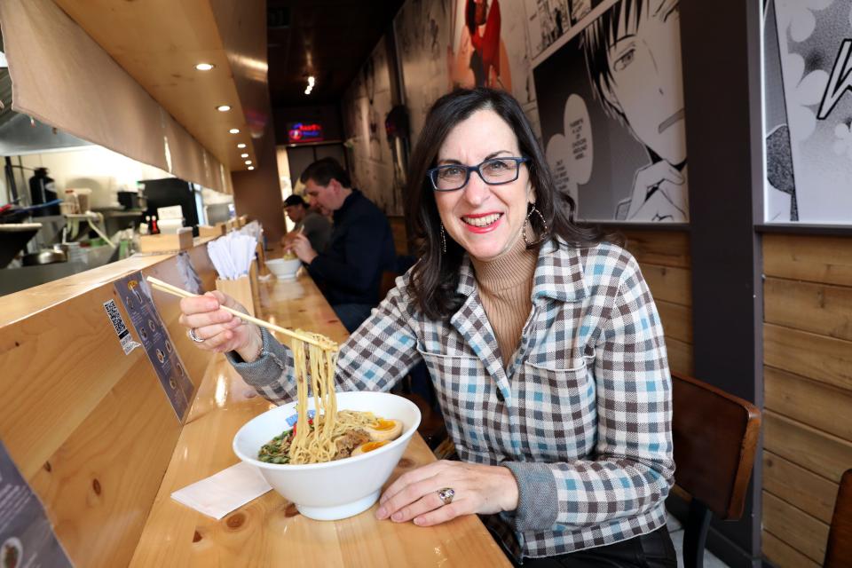 Lohud food and dining reporter Jeanne Muchnick enjoys a bowl of Gyu Beef Ramen at Duke's Ramen in Mamaroneck Jan. 31, 2024.