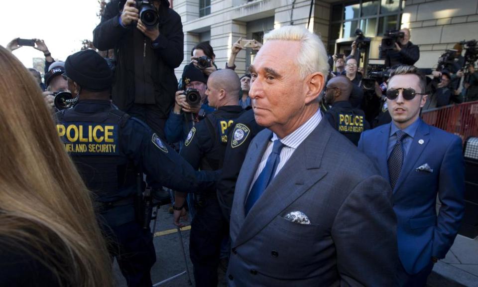 Roger Stone, the former campaign adviser for Donald Trump, leaves federal court Thursday.