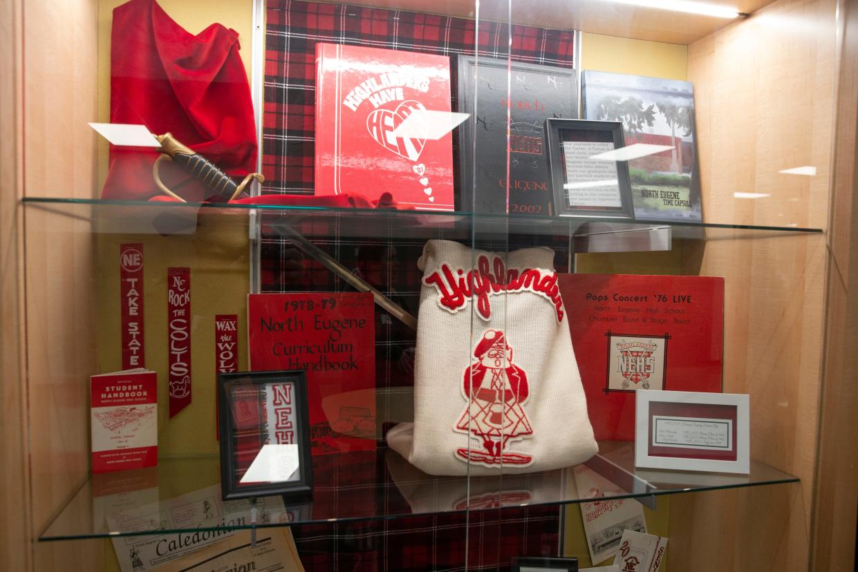 A display case at the school shares memorabilia from North Eugene High School past.