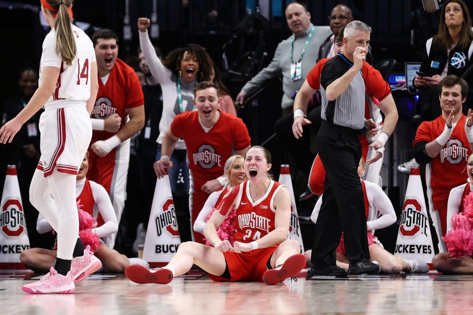 Ohio State Buckeyes guard Taylor Mikesell (24) reacts to her shot against the Indiana Hoosiers during the semifinals of the Big Ten tournament on March 4.