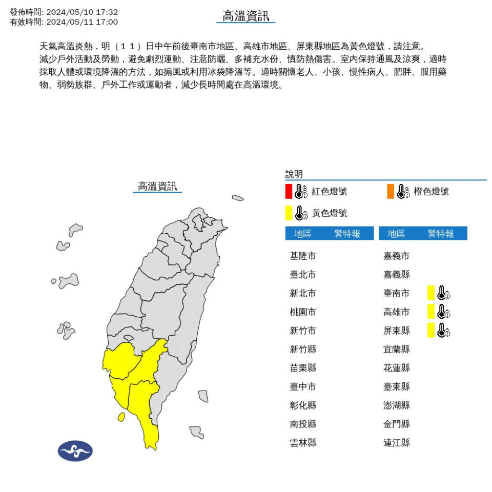 <strong>氣象署針對台南市、高雄市、屏東縣發布11日高溫示警資訊，中午前後將達36度高溫。（圖／翻攝自中央氣象署官網）</strong>