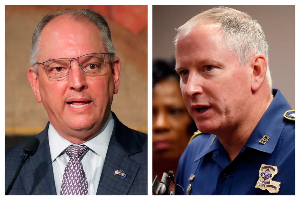 (L-R) This combination of 2020 and 2017 photos shows Louisiana Gov. John Bel Edwards and Louisiana State Police Supt. Kevin Reeves in Baton Rouge, Louisiana. (AP Photo/Gerald Herbert)