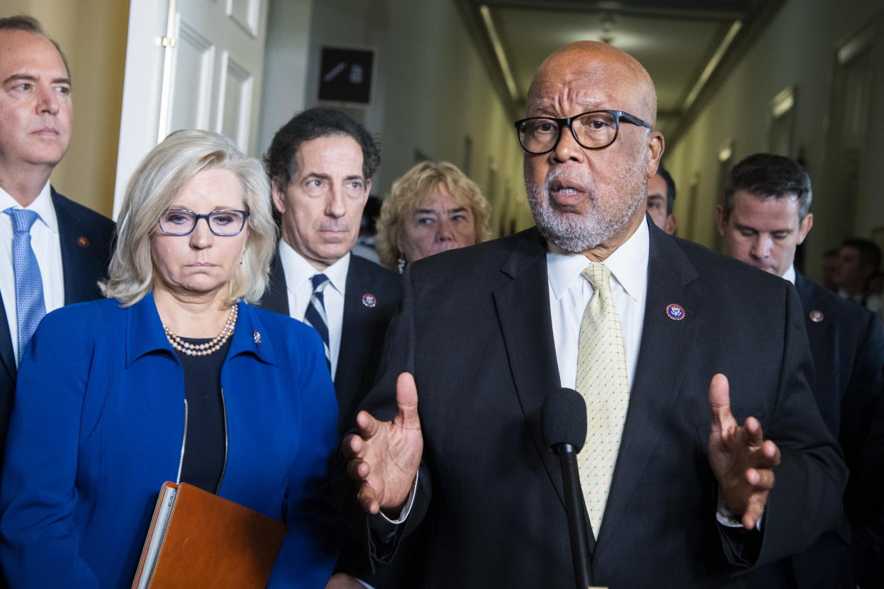 Chairman Bennie Thompson, D-Miss., addresses the media after the House Jan. 6 select committee hearing in Cannon Building to examine the January 2021 attack on the Capitol, on Tuesday, July 27, 2021. Also appearing from left are, Reps. Adam Schiff, D-Calif., Liz Cheney, R-Wyo., Jamie Raskin, D-Md., Rep. Zoe Lofgren, D-Calif., Pete Aguilar, D-Calif., and Adam Kinzinger, R-Ill. (Tom Williams/CQ-Roll Call, Inc via Getty Images)