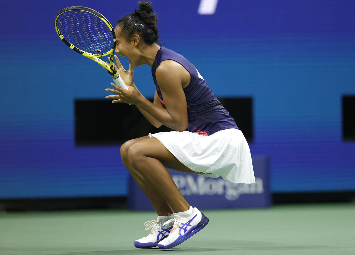 Leylah Fernandez of Canada celebrates her win over Aryna Sabalenka of Belarus at the US Open