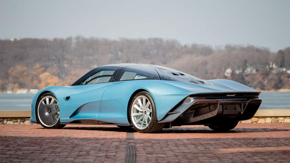 A rear 3/4 view of the Inside the 2020 McLaren Speedtail