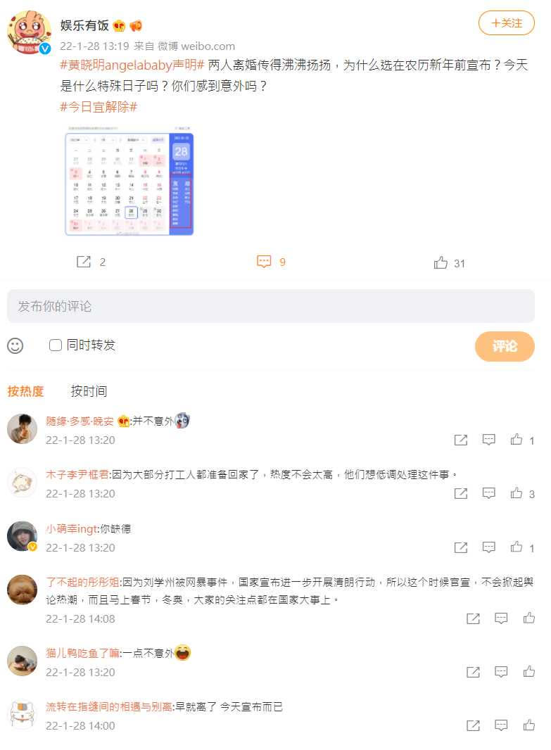 大多數的網友回覆，離婚消息傳太久已不意外。（圖／微博）