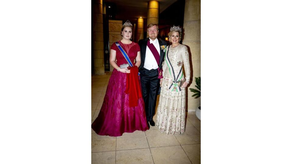 Queen Maxima, King Willem-Alexander and Princess Amalia pictured ahead of the state banquet for Prince Hussein and Princess Rajwa's wedding