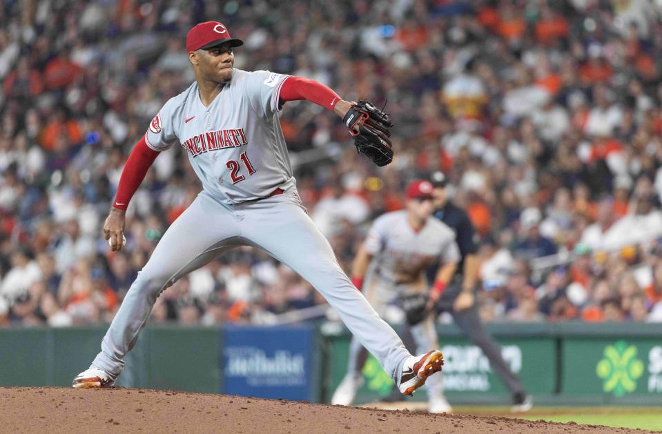 Jun 17, 2023; Houston, Texas, USA; Cincinnati Reds starting pitcher Hunter Greene (21) throws against the Houston Astros in the fifth inning at Minute Maid Park. Mandatory Credit: Thomas Shea-USA TODAY Sports