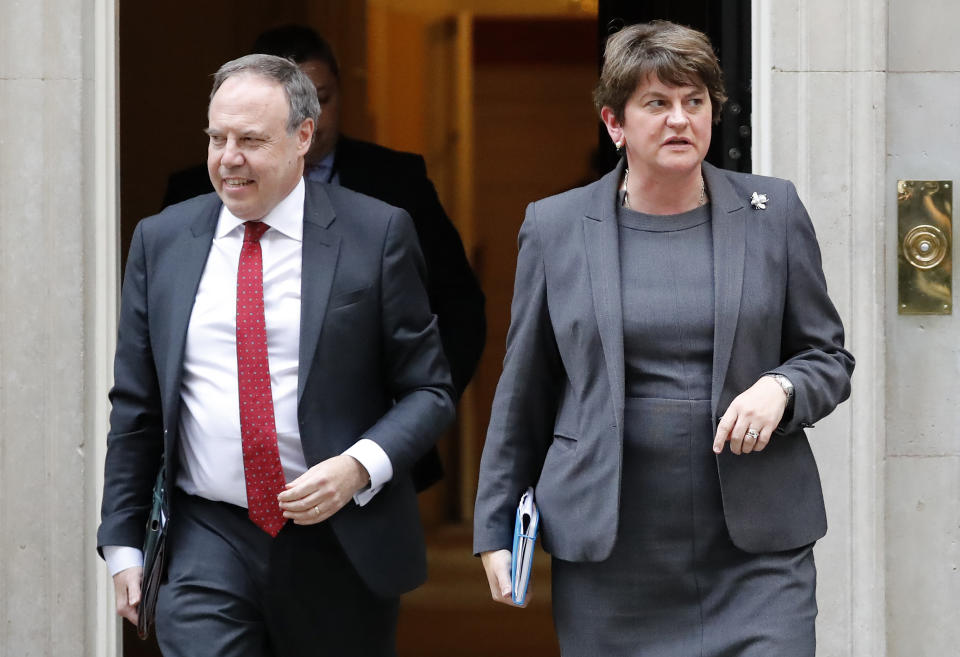 Northern Ireland's Democratic Unionist Party (DUP) leader Arlene Foster (R) and deputy Nigel Dodds leave from 10 Downing Street in central London on September 10, 2019, where they met with Britain's Prime Minister. - British Prime Minister Boris Johnson insisted Tuesday he was working hard to strike a divorce deal with the EU, after he suspended parliament following a series of bruising defeats by MPs over his Brexit plan. (Photo by Tolga AKMEN / AFP)        (Photo credit should read TOLGA AKMEN/AFP/Getty Images)