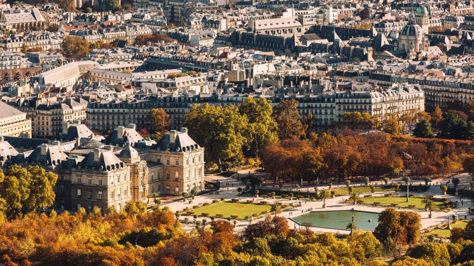 Aerial view of Paris with autumn colors, France