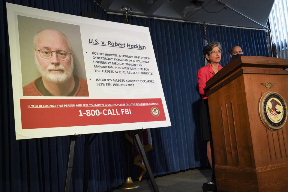 Audrey Strauss, Acting United States Attorney for the Southern District of New York, speaks during a news conference to announce the unsealing of an indictment against Robert Hadden, Wednesday, Sept. 9, 2020, in New York. Hadden, a former New York gynecologist, is accused of sexually abusing more than two dozen patients, including the wife of former presidential candidate Andrew Yang. He was charged with six counts of inducing others to travel to engage in illegal sex acts. (AP Photo/John Minchillo)