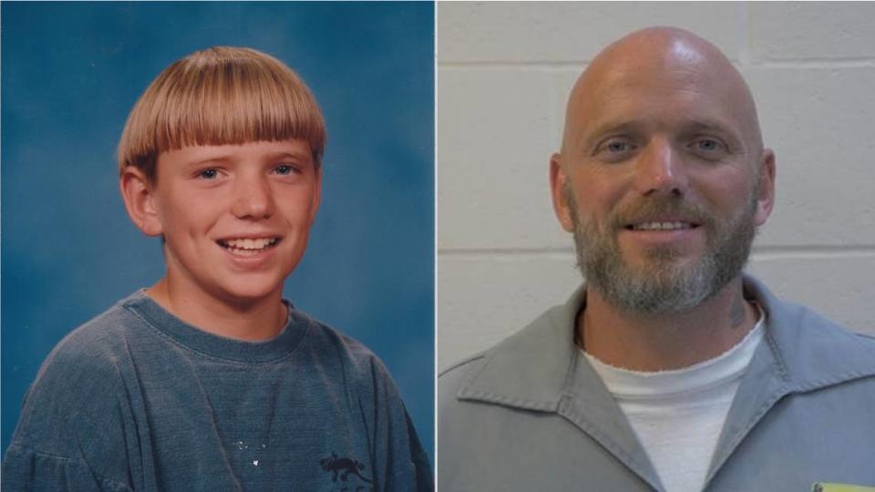 On the left, Michael Politte smiles for a school photo taken when he was 14. On the right, he poses for a picture taken in 2021 from inside a Missouri prison.