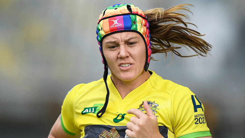 Pictured here, the rainbow headgear Sharni Williams will wear during the Tokyo Olympics.