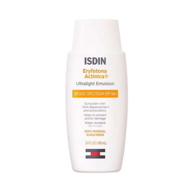 <p><strong>Isdin Eryfotona Actinica Zinc Oxide SPF 50+, $55, <a href="https://shop-links.co/1702239034606646371" rel="nofollow noopener" target="_blank" data-ylk="slk:available here;elm:context_link;itc:0;sec:content-canvas" class="link ">available here</a>:</strong> "It provides not only 100% mineral broad spectrum SPF 50+ sunscreen, but it also contains DNA repair enzymes to help address previous sun damage. It's all zinc oxide and it also contains antioxidants and DNA repair enzymes — which means it's actually repairing and protecting at the same time. The texture is lightweight and easy to use."</p>