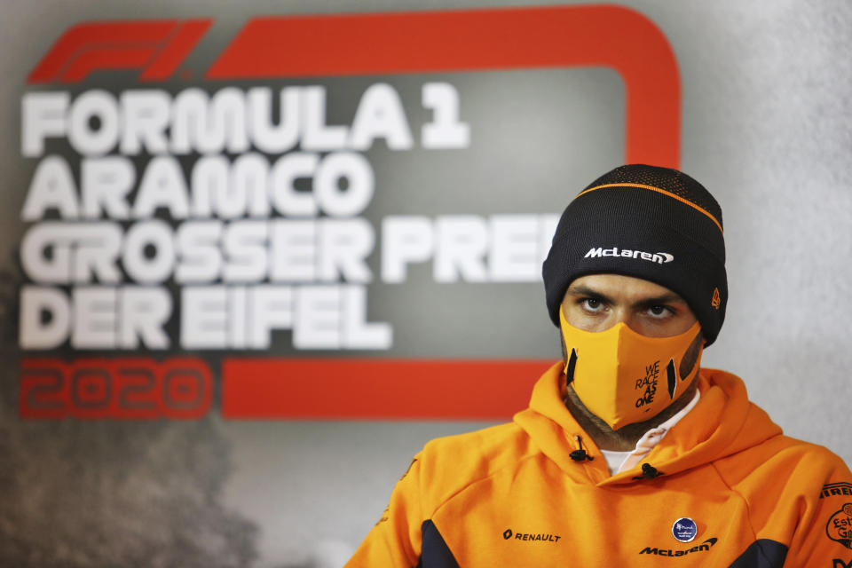 Mclaren driver Carlos Sainz of Spain during a press conference prior the Eifel Formula One Grand Prix at the Nuerburgring racetrack in Nuerburg, Germany, Thursday, Oct. 8, 2020. (xpbimages.com/Pool via AP)