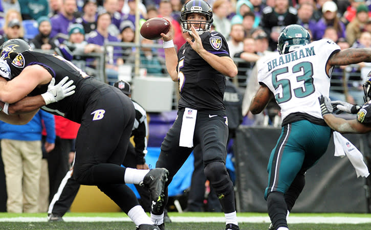 Dec 18, 2016; Baltimore, MD, USA; Baltimore Ravens quarterback Joe Flacco (5) throws a pass in the first quarter against the Philadelphia Eagles at M&T Bank Stadium. Mandatory Credit: Evan Habeeb-USA TODAY Sports