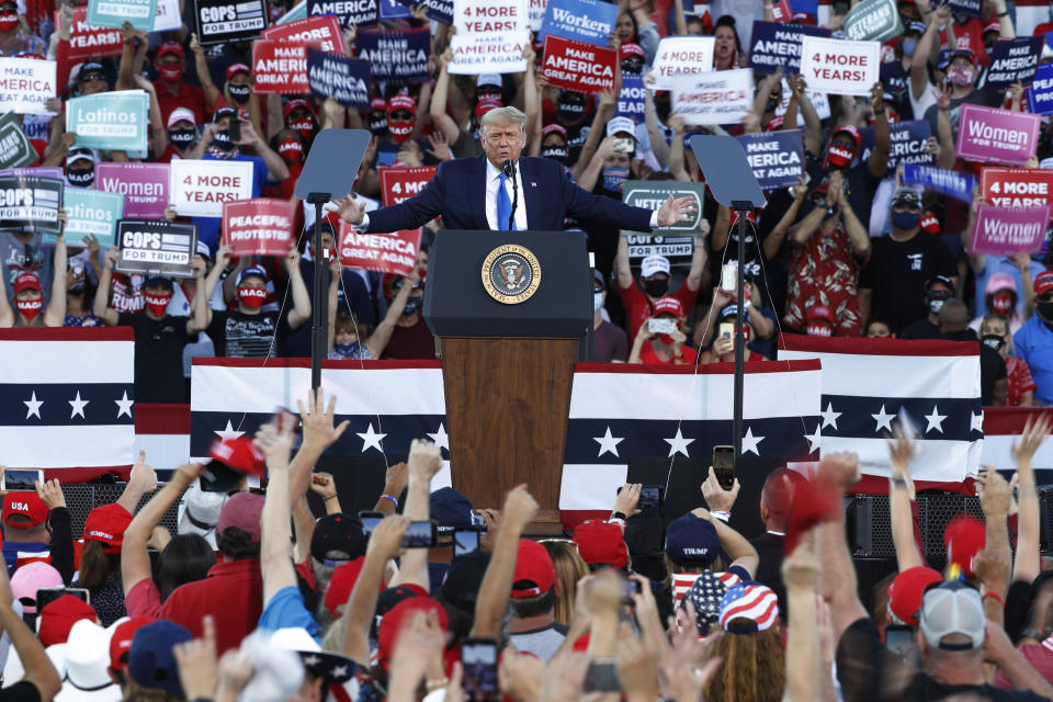 CARSON CITY, NV - OCTOBER 18: President Donald Trump speaks during a campaign rally on October 18, 2020 in Carson City, Nevada. With 16 days to go before the November election, President Trump is back on the campaign trail with multiple daily events as he continues to campaign against Democratic presidential nominee Joe Biden. (Photo by Stephen Lam/Getty Images)