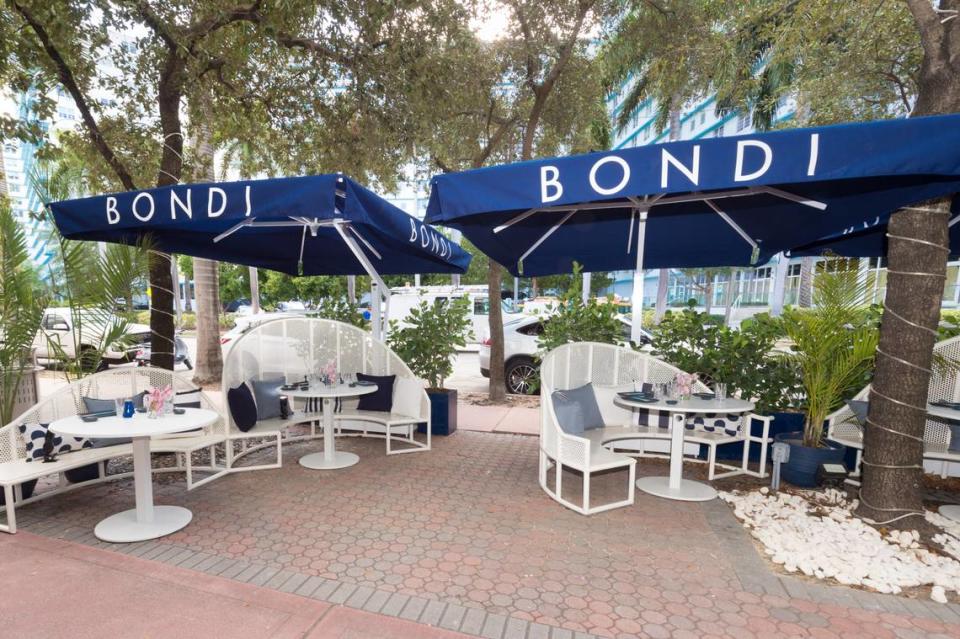 The outdoor banquettes on the patio at Bondi Sushi in Miami Beach.