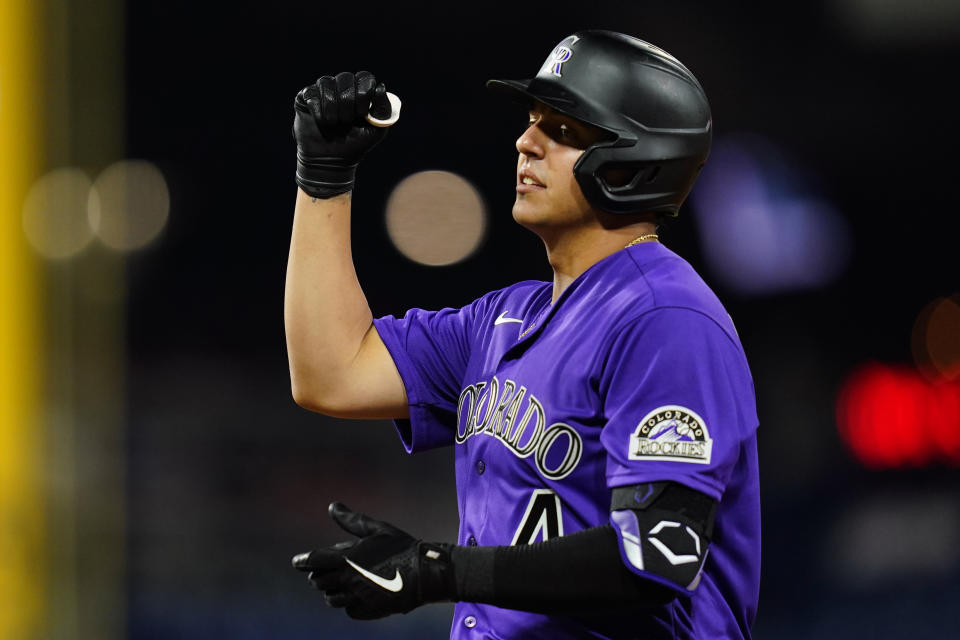 Colorado Rockies' Colton Welker reacts after hitting an RBI-single off Philadelphia Phillies pitcher Ranger Suarez during the fourth inning of a baseball game, Thursday, Sept. 9, 2021, in Philadelphia. (AP Photo/Matt Slocum)