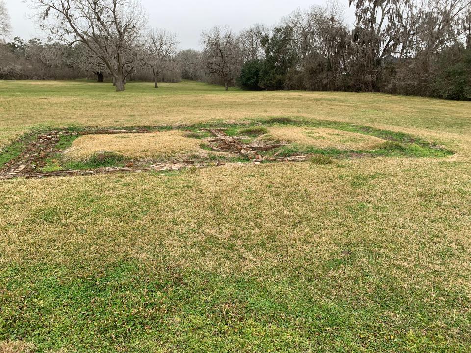 The cabins for enslaved people were quite small at Varner-Hogg Plantation, as this footprint shows. Nearby is an active archeological dig of a cabin investigated by Rice University students.